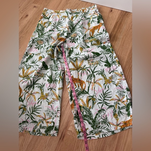 100% Linen Tropical Jungle Wide Leg Pull On Elastic Waist Cropped White Pants XL - Picture 8 of 12